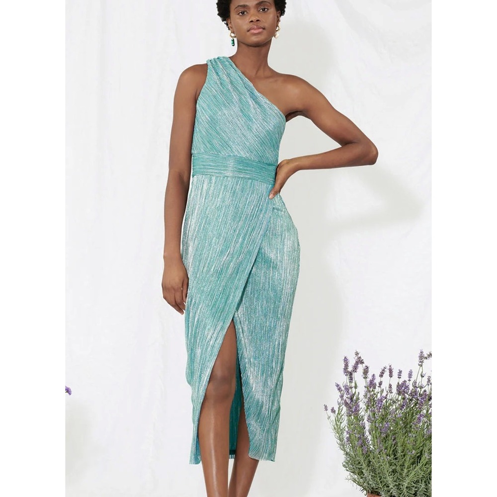 Saylor Alorna One Shoulder Metallic Pleat Midi Dress in Jade Metallic sz S